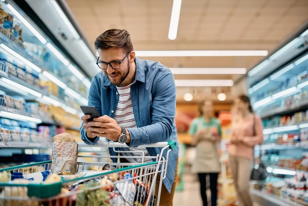 Happy man using mobile phone app while buying groceries in supermarket.